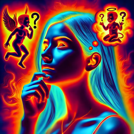 Illustration of a beautiful woman with blue hair and question marks on her faceの素材