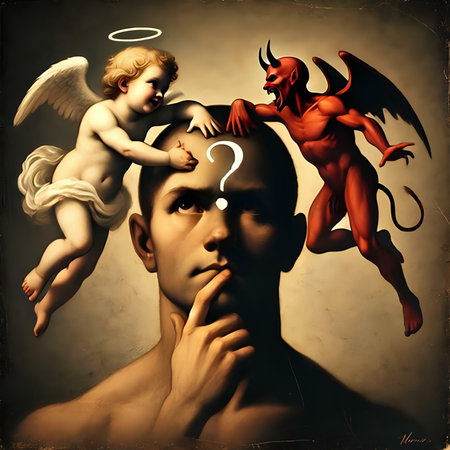 Angel and devil with question mark on human head. Conceptual illustration.の素材