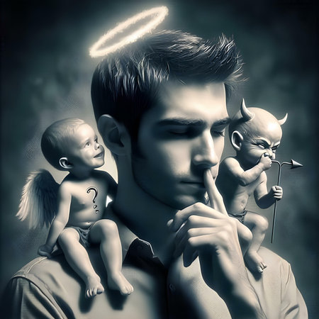 Man with angel and devil, conceptual image of family problems and problemsの素材