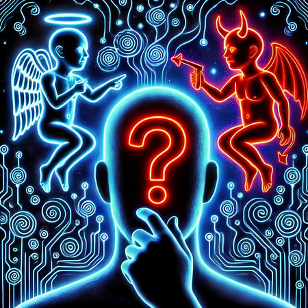 Man's head with question mark and angel. Conceptual illustration.の素材