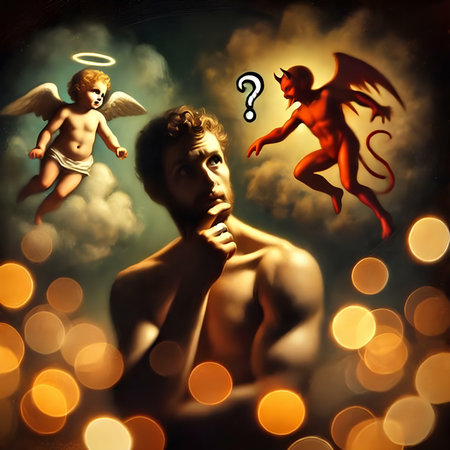 Angel and devil on the background of the sky. 3d renderingの素材