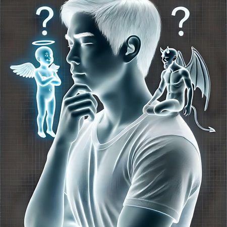 Digital illustration of a man with question mark and angel in colored backgroundの素材