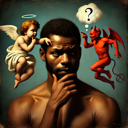 Man with angel and demon in the background. 3d illustration.の素材