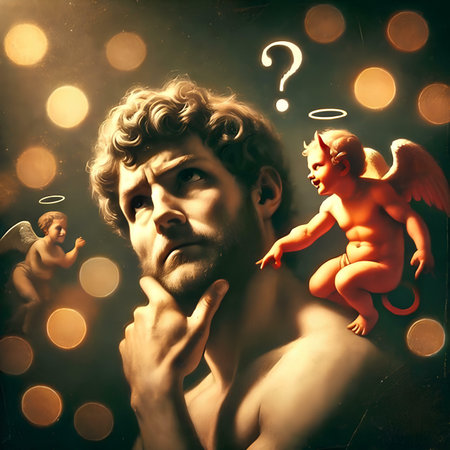 Funny image of man with cupid and question mark on dark backgroundの素材