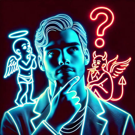 Man with question mark and angel in neon light. 3D renderingの素材