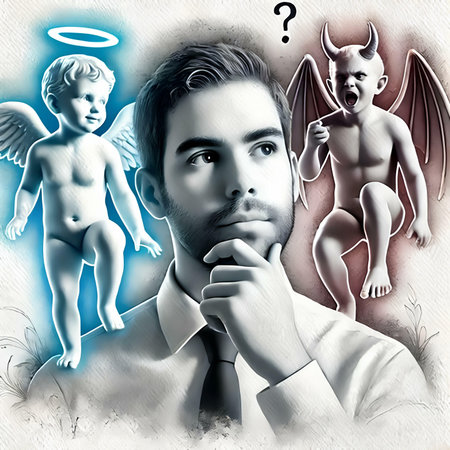 Handsome young man with angel and devil angels on light backgroundの素材