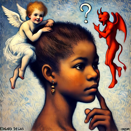 Digital illustration of an African American girl with an angel in her hairの素材