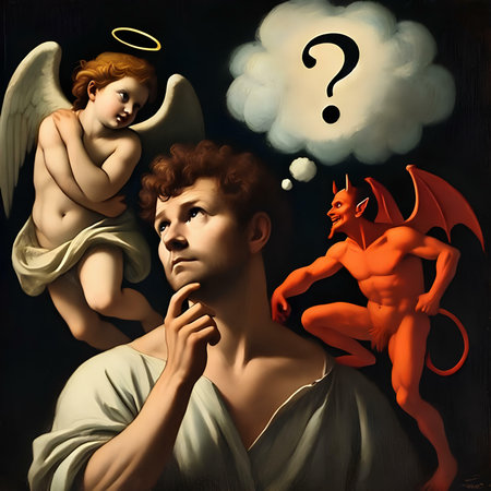 Angel and devil with question mark on dark background. 3d illustrationの素材