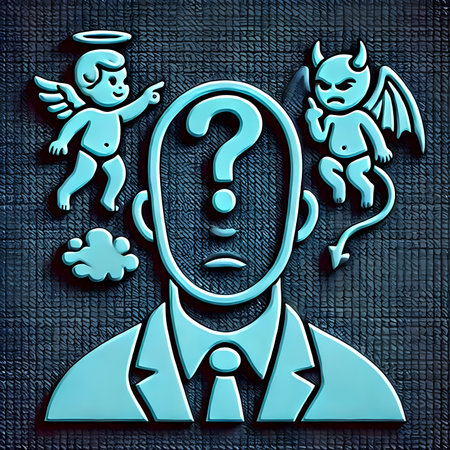 Man with question marks and angels. 3d rendering. Computer digital drawing.の素材