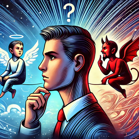 Man with question mark and angel. Conceptual vector illustration of mental health.の素材