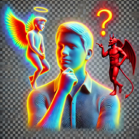 3d rendering of a man with angel and devil on a transparent backgroundの素材