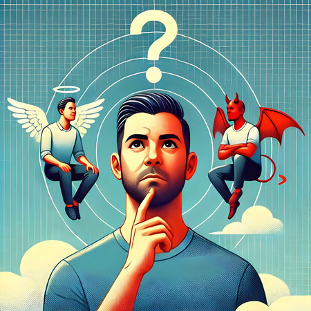Thinking man with question mark and angel in the background. Vector illustration.の素材