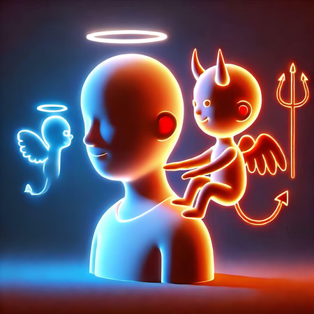 Angel and devil with a child, 3d rendering, digital illustration.の素材