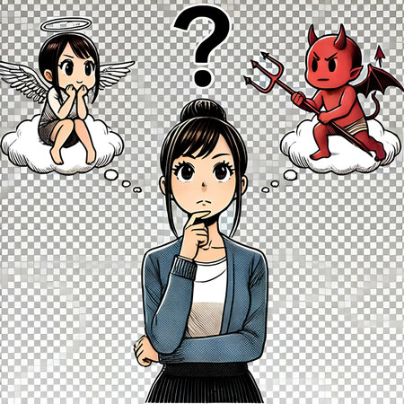 Vector cartoon illustration of a woman thinking about a problem with a lot of angelsの素材