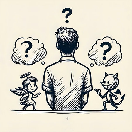 Man with question marks and a boy with a cat. Vector illustration.の素材