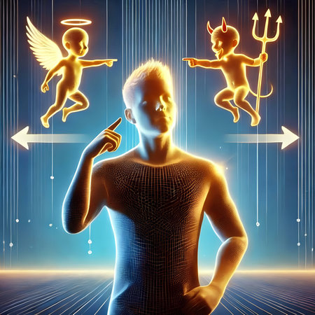 Digital composite of 3D man with angel and devil icons against blue backgroundの素材