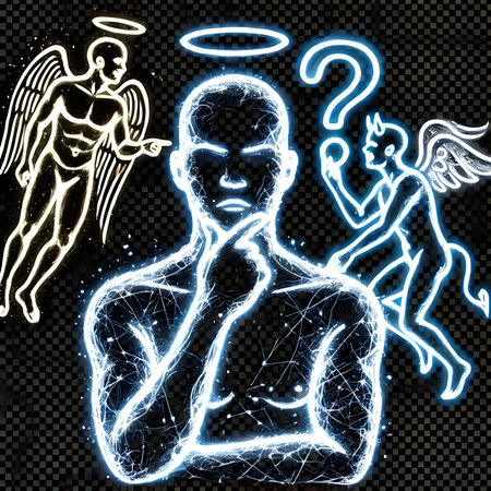 Angel with question mark and wings. Vector illustration of a man with a question mark.の素材