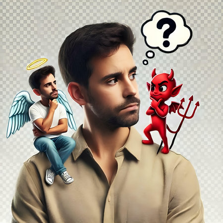 Image of young man thinking about problems with devil and angel on his headの素材