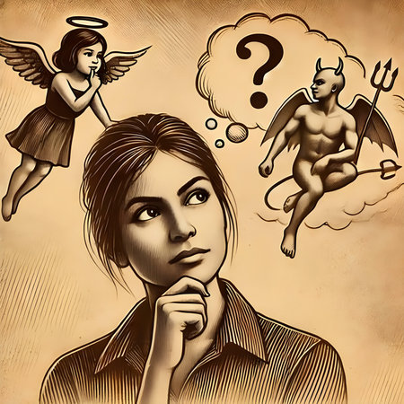 Funny girl with question mark and angel. Comic book style illustration.の素材