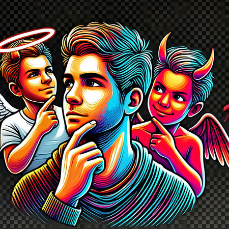 Vector illustration of young men with angel wings and horns on black background.の素材