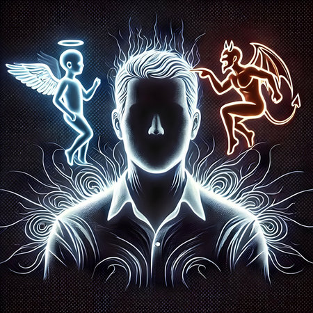 Angel and Devil man on dark background. 3d rendering. Computer digital drawing.の素材