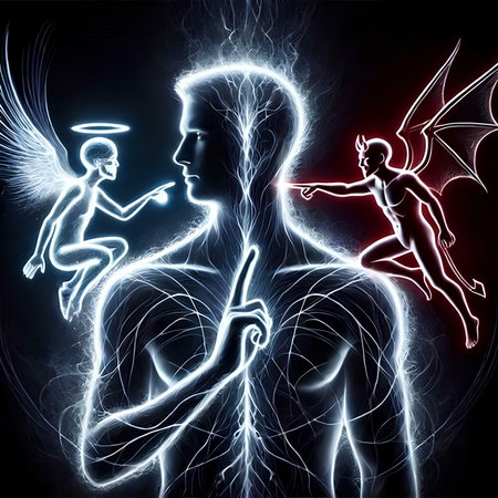 Angel and devil in the form of a human body with wings.の素材