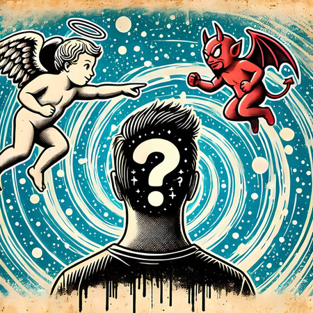 Angel and devil with question mark on human head. Vector illustration.の素材