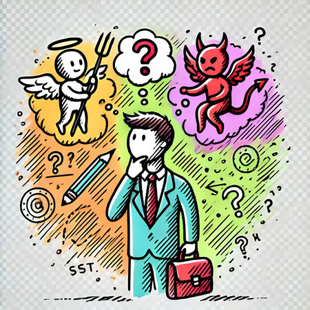 Businessman with question mark, question mark, angel, devil, angel, angel, devil. vector illustrationの素材