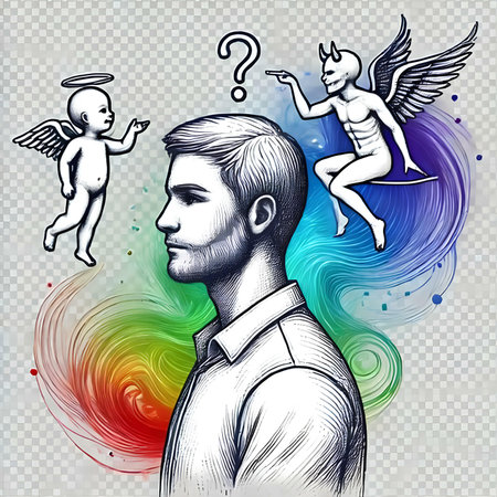 Man with question mark and angel. Hand drawn sketch. Vector illustration.の素材