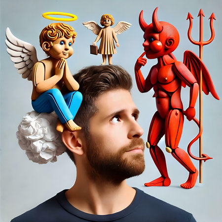 Handsome bearded man with angel, demon and devil symbols on his headの素材