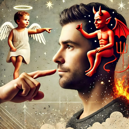 Young man with angel wings and little boy on grunge background.の素材