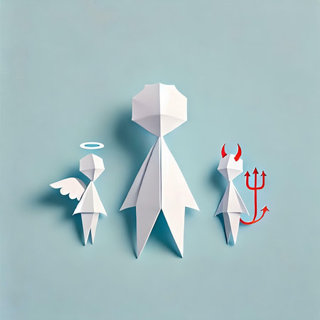 Paper origami angel and devil on blue background. 3d renderの素材