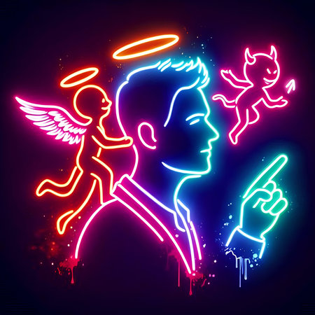 Neon man with angel and devil. Vector illustration. Neon style.の素材