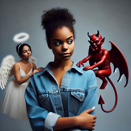 Beautiful african american woman with angel wings and devil.の素材