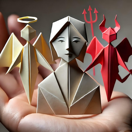 Paper origami men in hand. Conceptual image of leadership.の素材