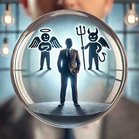 Businessman looking through a magnifying glass to a group of angels and demons. 3D renderingの素材