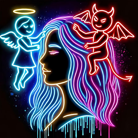 Neon illustration of a beautiful woman with angel and demon in her hair.の素材