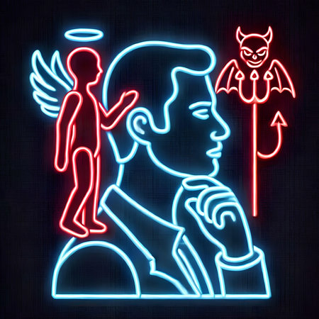 Neon illustration of a man with angel and devil in the background.の素材