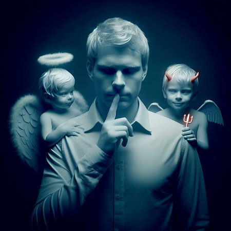 Man with angel wings and little angels. Black and white image.の素材