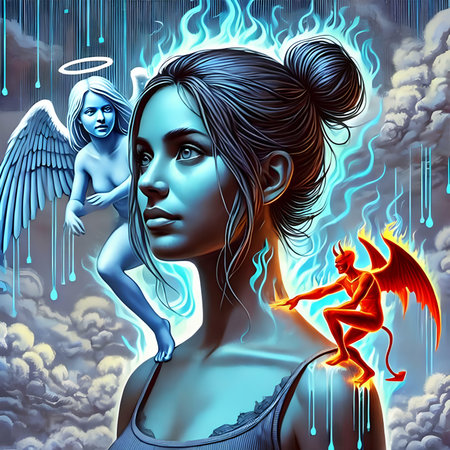 3d illustration of a beautiful girl with an angel in the backgroundの素材