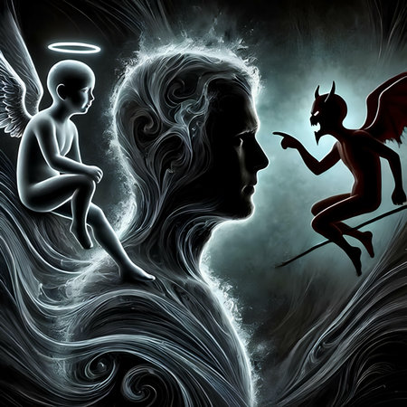 Angel and baby on black background. 3d illustration. Fantasy.の素材