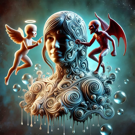 Angel with wings and a child. 3D illustration. Fantasy.の素材