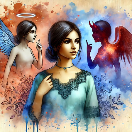 Beautiful girl with angel wings and halo on colorful background.の素材