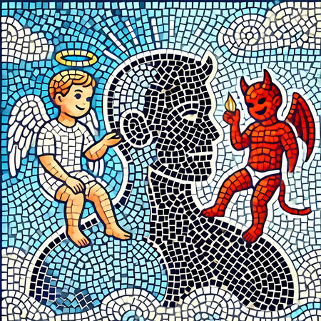 Illustration in stained glass style with the image of the angel and the demonの素材