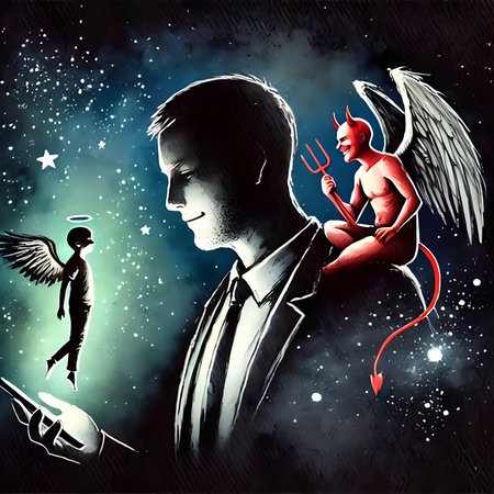 Businessman with devil and angel wings on a background of night skyの素材