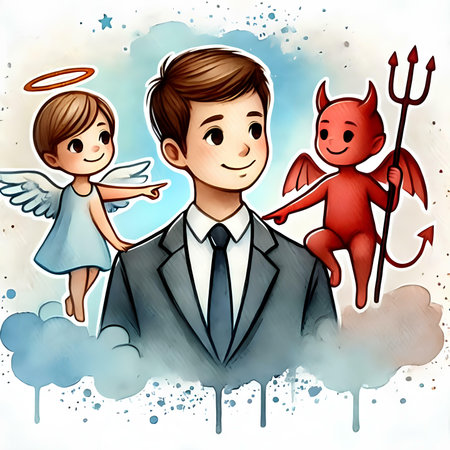 Angel and devil. Businessman with angel wings and devil. Vector illustration.の素材