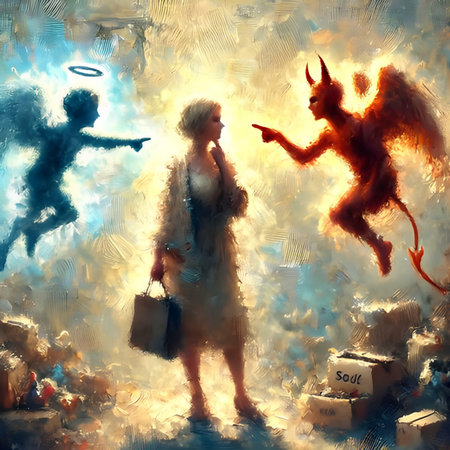 Young woman with a suitcase in the hands of the devil and the devil.の素材