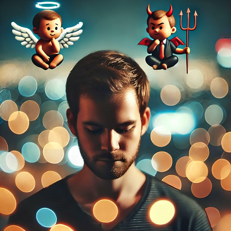 Handsome young man with angel and devil faces on bokeh backgroundの素材