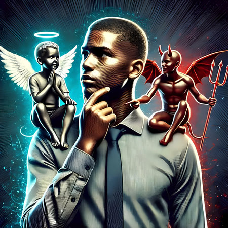 Black man with angel and devil on abstract background. 3D renderingの素材
