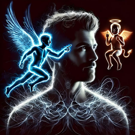 Digital composite of Man with angel wings and cupid on black backgroundの素材